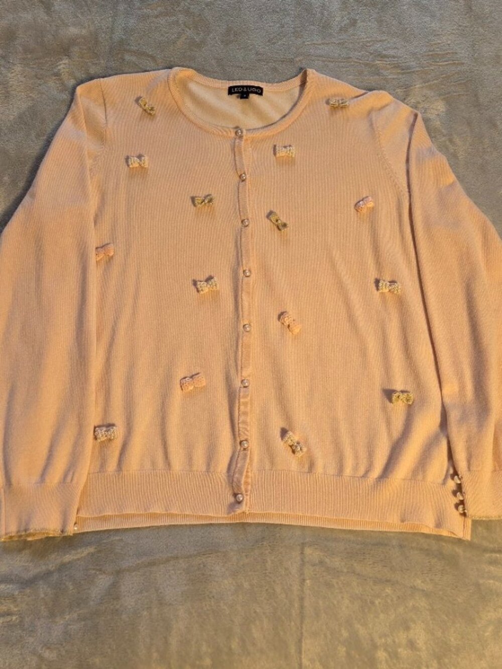 LEO & UGO Paris Embellished Bow Cardigan Blush Pink/Peach Pearl Buttons Size S-M